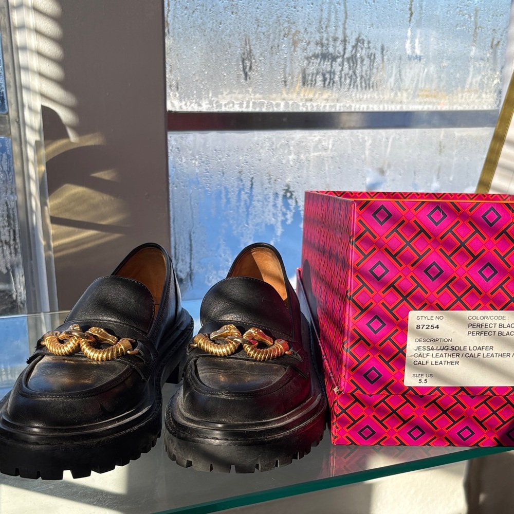 Tory Burch Black Leather Loafers with Gold Accent